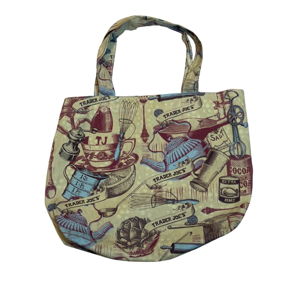 Trader Joes Canvas Tote Bag Vintage Kitchen Tool Print Reusable Grocery USA Made